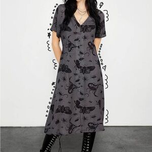 Disturbia Gray V-Neck Midi Dress with Black Insect Print